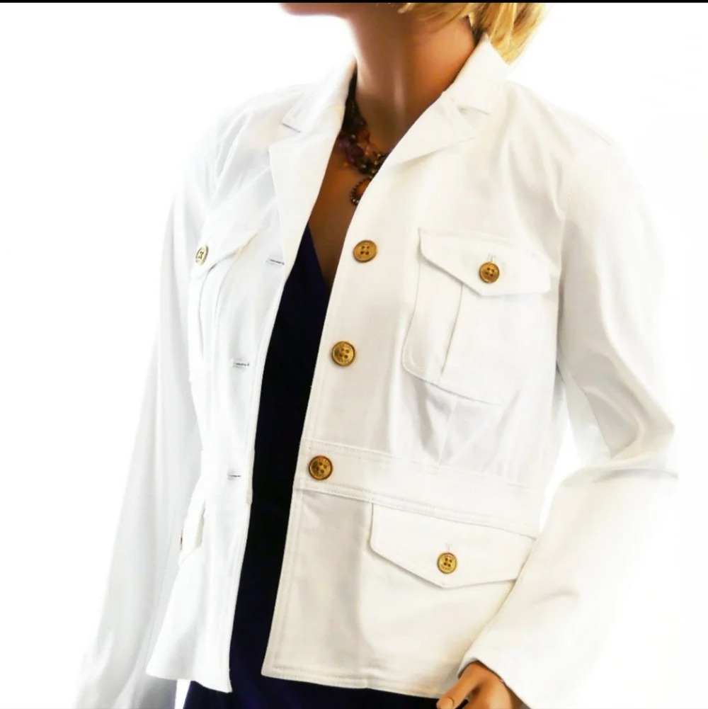 Chaps White Gold Button Front Collared Jacket Size Women's Large Petite NEW